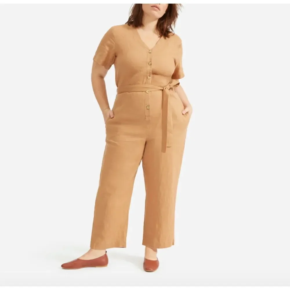 Everlane Women's Size 8 Camel Linen Straight Leg Cropped Jumpsuit Causal Minimal